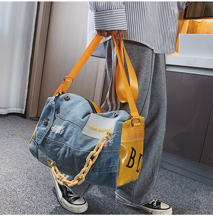 Custom logo Large capacity denim shoulder bag bucket casual Jeans cotton soft outdoor travel duffle overnight women luggage bag/DQ07-107