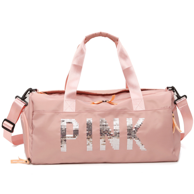 Wholesale Nylon Outdoor Travel Overnight Sports Gym Bag Glitter Sequin Logo Pink Duffle Bag/DQ07-108