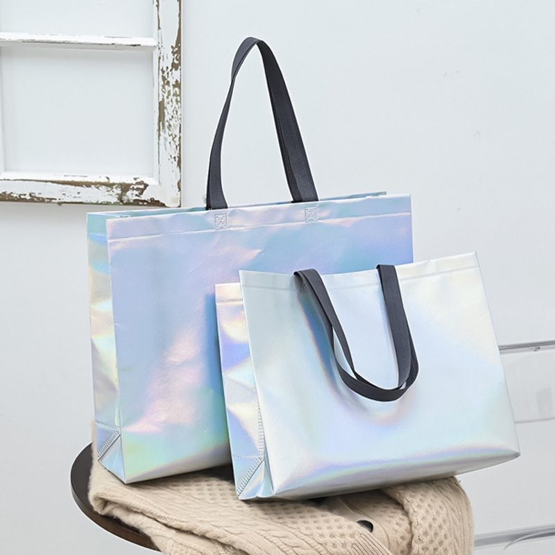 Thickened rainbow laser non-woven handbags can be printed logo tide packaging women shopping gift bags recycled tote bag