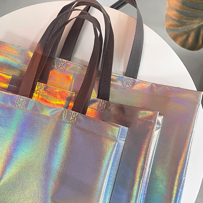 Thickened rainbow laser non-woven handbags can be printed logo tide packaging women shopping gift bags recycled tote bag