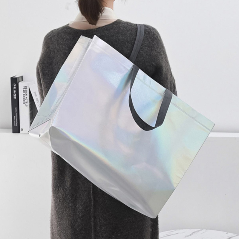 Thickened rainbow laser non-woven handbags can be printed logo tide packaging women shopping gift bags recycled tote bag