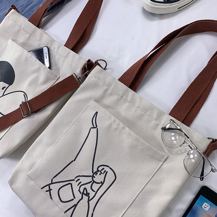 Portable dual-purpose canvas bag wholesale women's one shoulder summer large capacity student cartoon tutoring recycled bag