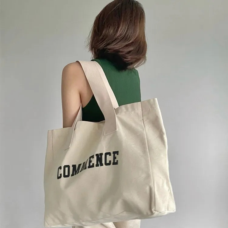 New Canvas Bag Women's One Shoulder Large Capacity Recycled Student Natural Color Printed Letters Handheld Shopping Bag