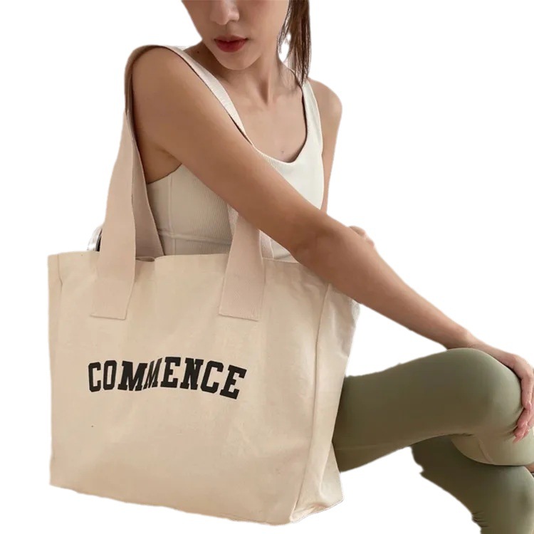 New Canvas Bag Women's One Shoulder Large Capacity Recycled Student Natural Color Printed Letters Handheld Shopping Bag