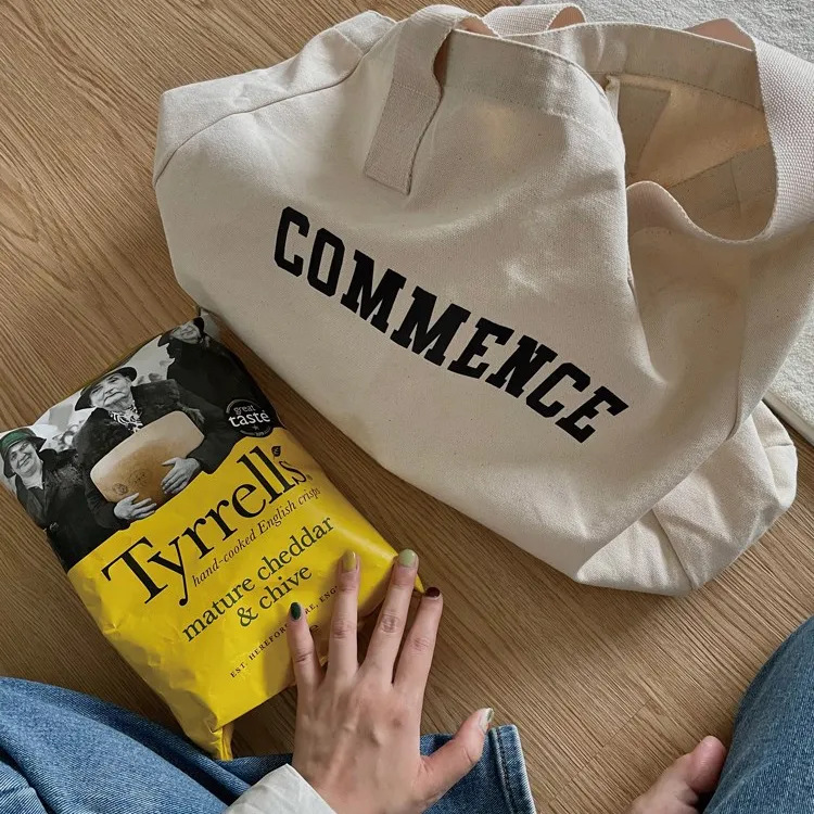 New Canvas Bag Women's One Shoulder Large Capacity Recycled Student Natural Color Printed Letters Handheld Shopping Bag