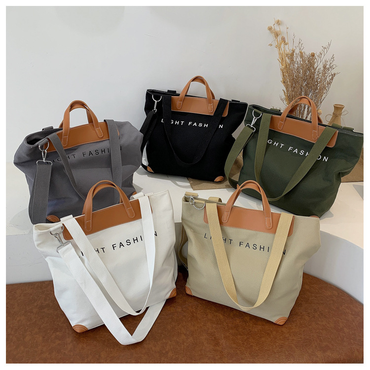 Spot product canvas bags zip female new large capacity shoulder bag Korean simple literary lazy style handheld recycled tote bag