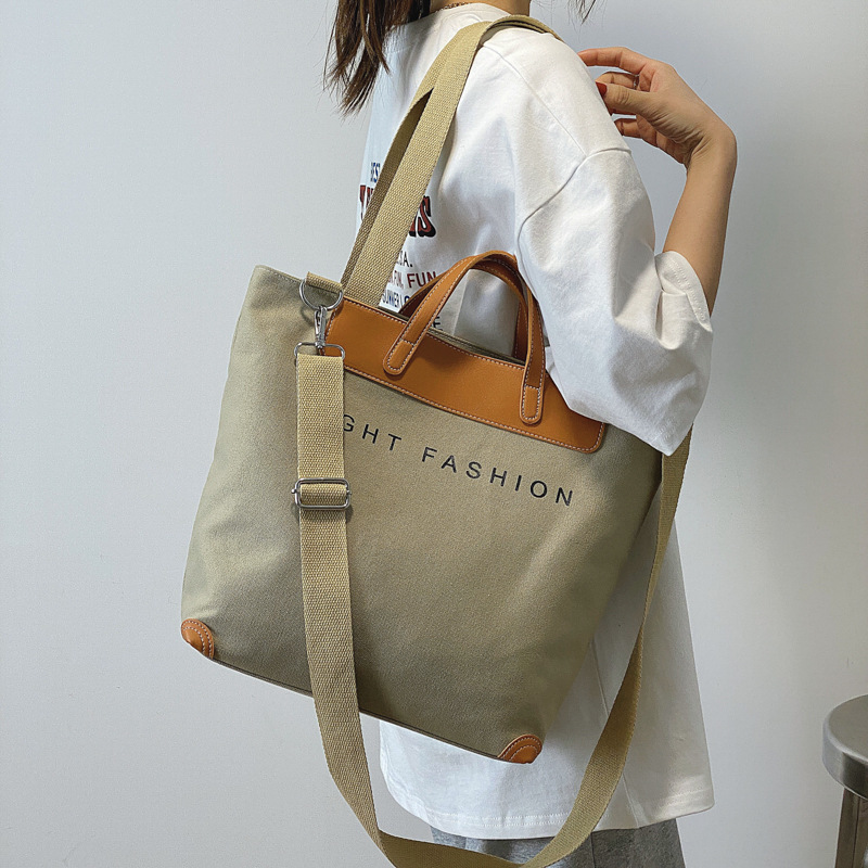 Spot product canvas bags zip female new large capacity shoulder bag Korean simple literary lazy style handheld recycled tote bag