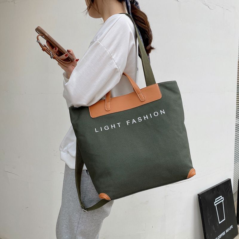 Spot product canvas bags zip female new large capacity shoulder bag Korean simple literary lazy style handheld recycled tote bag